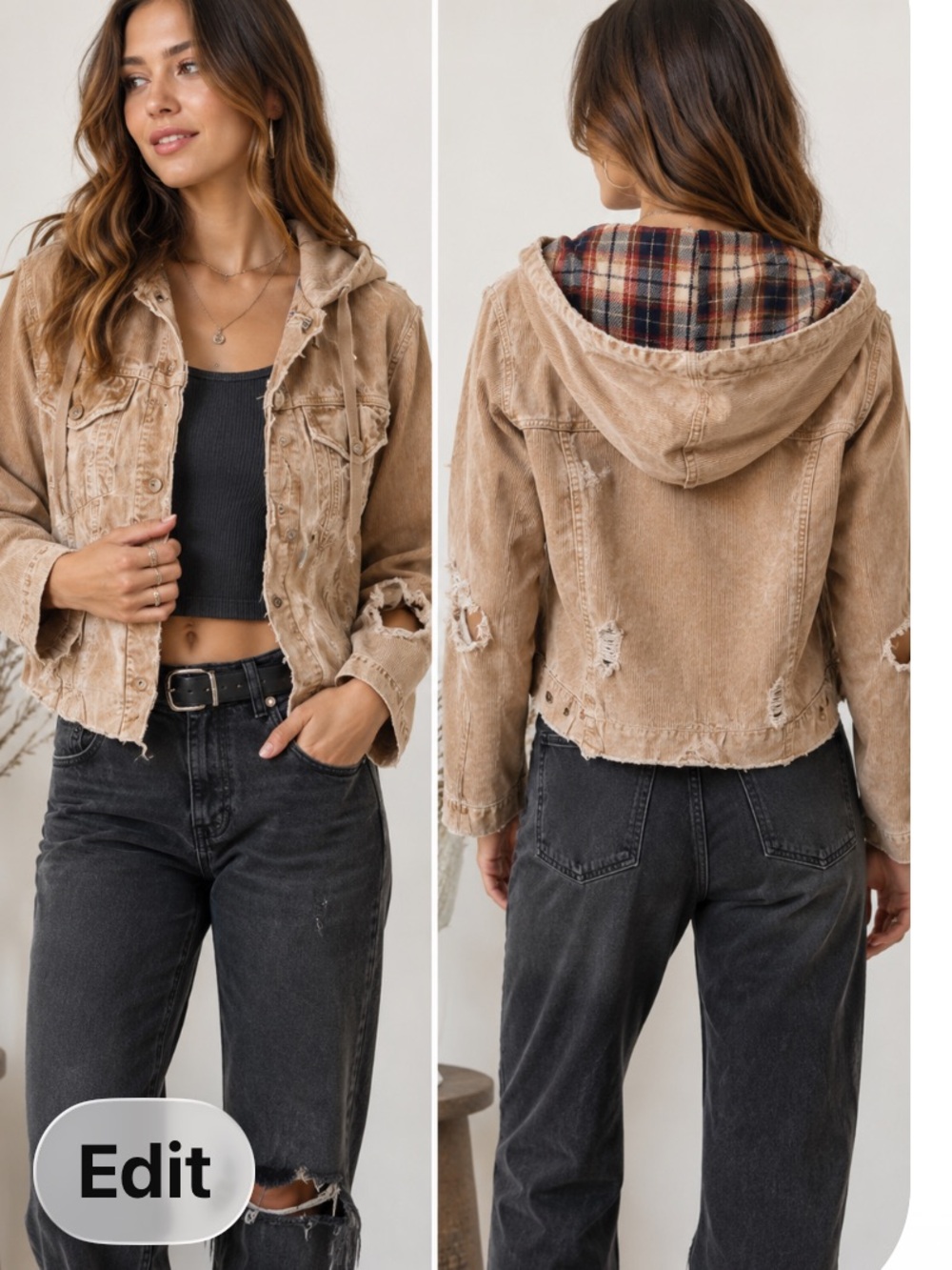 NSF Distressed Corduroy Hooded Jacket Plaid Lined Tan Cropped USA Made Size S
